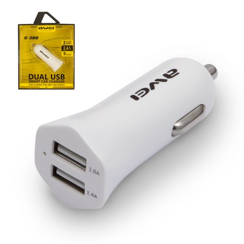Car Charger Awei C 300, 12 V, 2 USB outputs 5V 2.4A , white, 12 W 