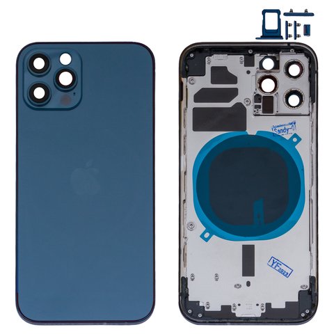 Housing compatible with iPhone 12 Pro, dark blue, with SIM card holders, with side buttons, HC, pacific blue