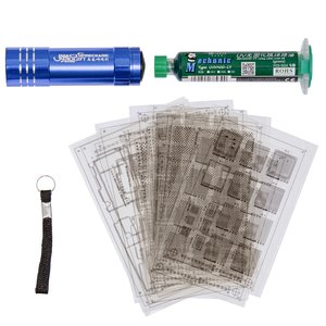 Паяльна маска Mechanic S1512, зелена, 10 мл, з ультрафіолетовим ліхтариком, з трафаретом A6, A7, A8, A9, A10 , ультрафіолетова