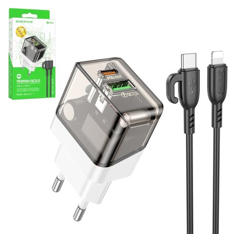 Сетевое зарядное устройство Borofone BA80A, 20 Вт, Quick Charge, Power Delivery PD , черный, прозрачный, c кабелем USB тип C к Lightning для Apple, 2 порта, #69419911105166