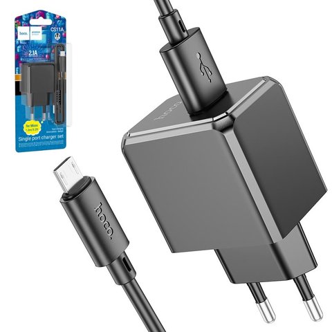 Мережевий зарядний пристрій Hoco CS11A, чорний, з micro USB кабелем тип В, 1 порт, #6942007603584
